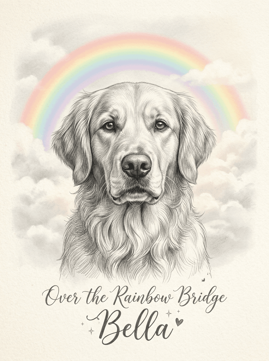 Sample pencil portrait of a golden retriever named Bella, with a soft rainbow-bridge background