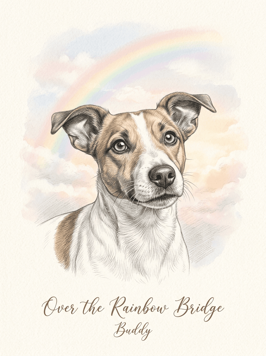 Sample pencil portrait of a tan terrier named Buddy with a soft pastel rainbow-bridge background