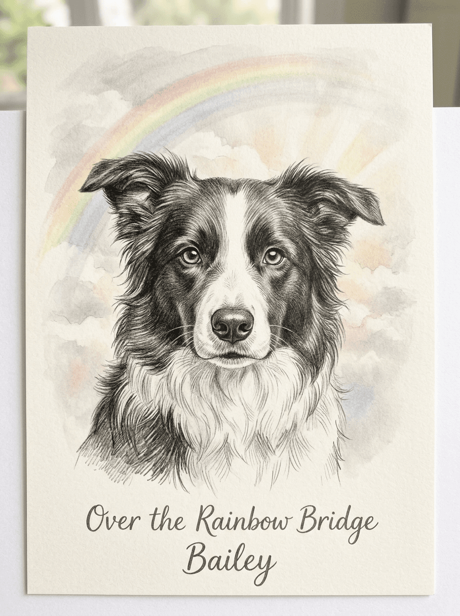 Sample pencil portrait of a black and white border collie named Charlie with a soft rainbow-bridge sky