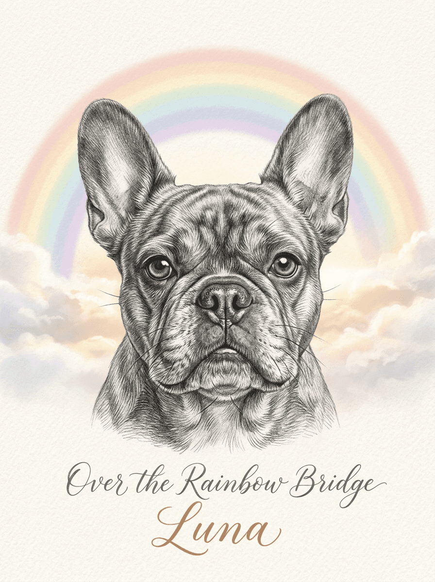 Sample pencil portrait of a French bulldog named Luna in graphite pencil style