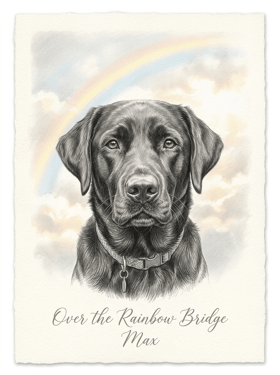 Sample pencil portrait of a black Labrador named Max, with a soft rainbow sky